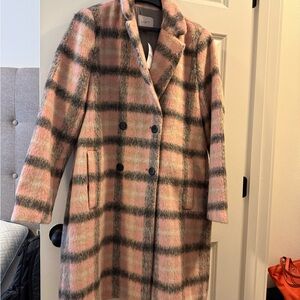 LOFT Women's Pink and Gray Plaid Pea Coat Offers welcomed
